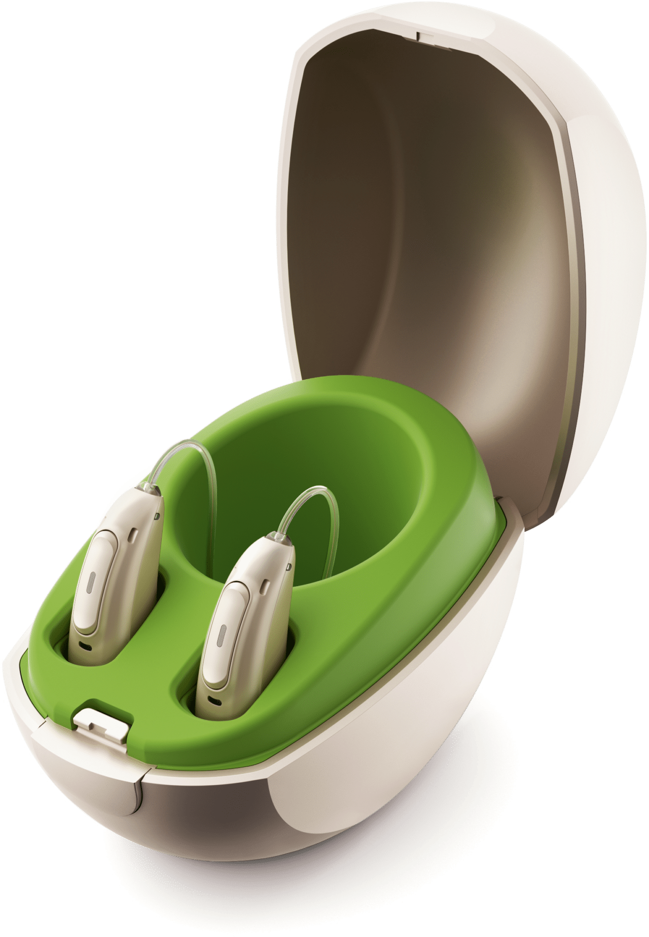 Rechargeable hearing aids in a charging cradle