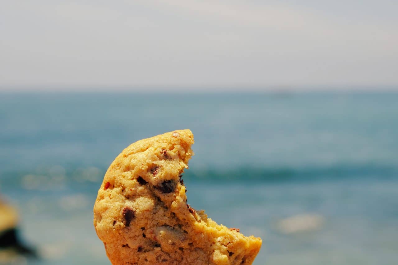 Picture of a cookie with a bite taken out of it with the ocean in the background.