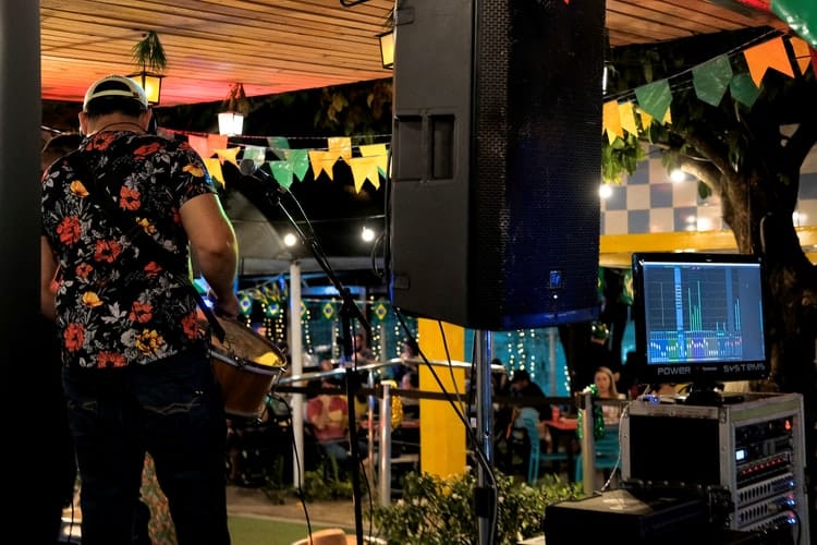 Back shot of a musician playing guitar on a stage.