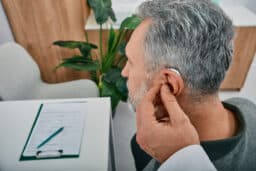 Audiologist fits a a man with a hearing aid.