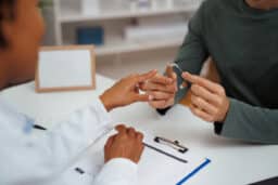 Audiologist teaching a man about his new hearing aid