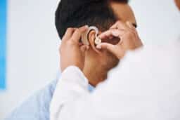 Audiologist putting a hearing aid in his patient's ear