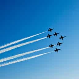 Fighter planes in airshow on blue sky